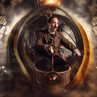 Image for: HG Wells in his steampunk time machine