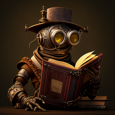 Image for: Steampunk robot reading a book